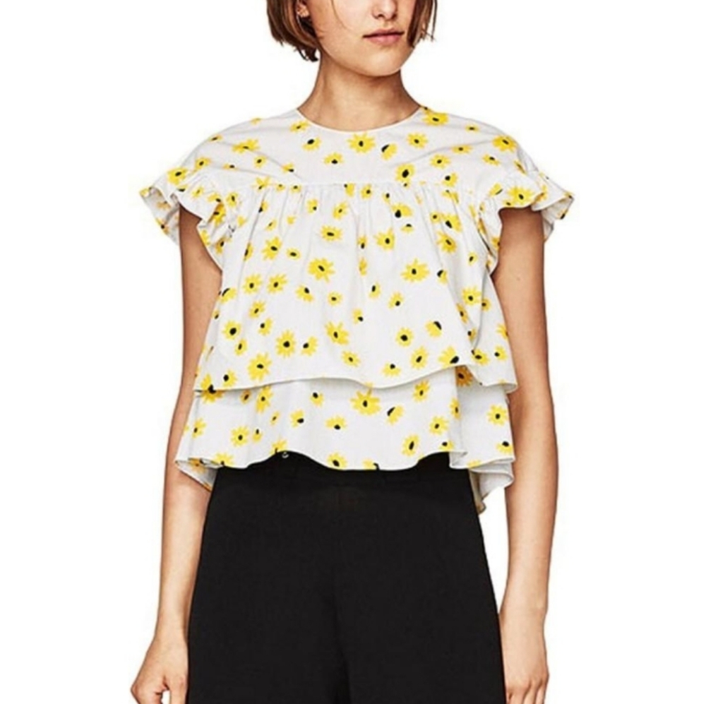 Zara Printed Sunflower Flounce Babydoll Top Crop Small